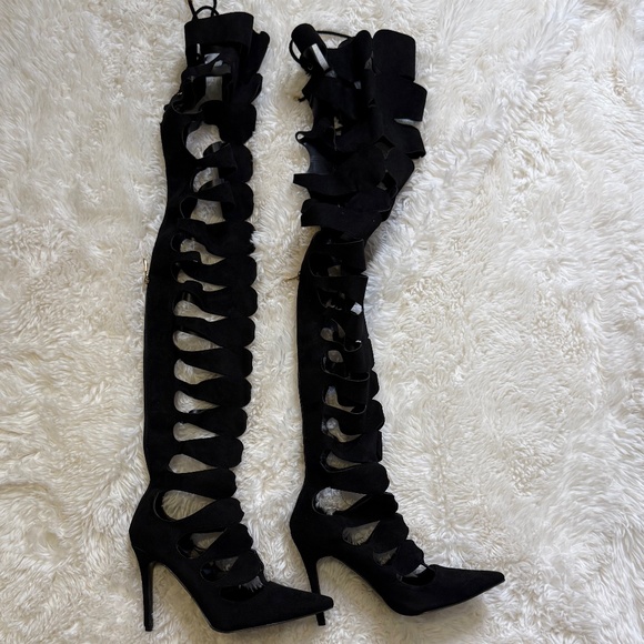 Cutout Black Suede Over-the-Knee Heels - Picture 2 of 4